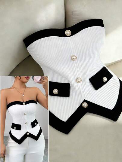 Elenzga 新款时尚女士性感拼接撞色针织抹胸上衣，配珍珠纽扣，修身显瘦，日常百搭