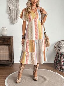 LanaWest Women's Multicolor Patchwork Bohemian Print Ruffle Sleeve Casual Mini Dress - Multicolor - View 7