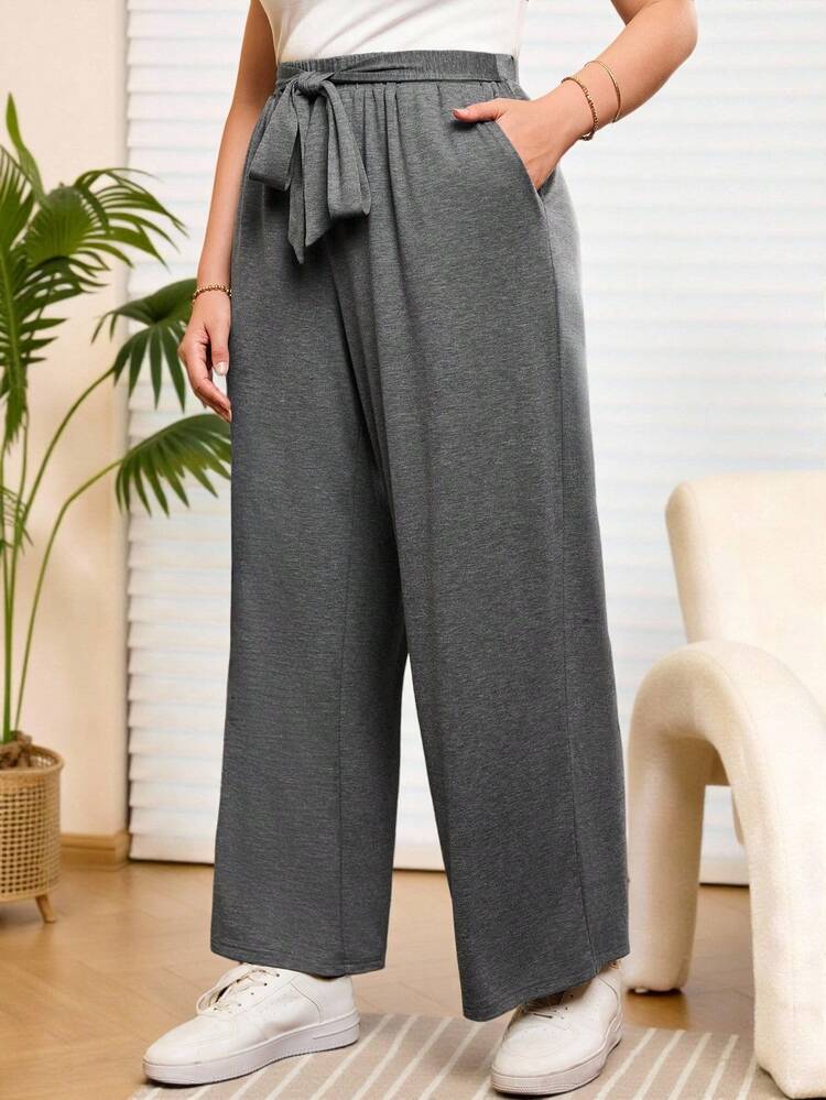 Plus Size Dark Grey Knitted Straight Leg Pants With Pockets Casual And Comfortable Long Trousers For Women