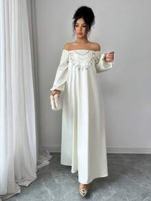 Yasmyna 女士露肩灯笼袖宽松长款优雅阿拉伯连衣裙 - 黃色 - 查看 6