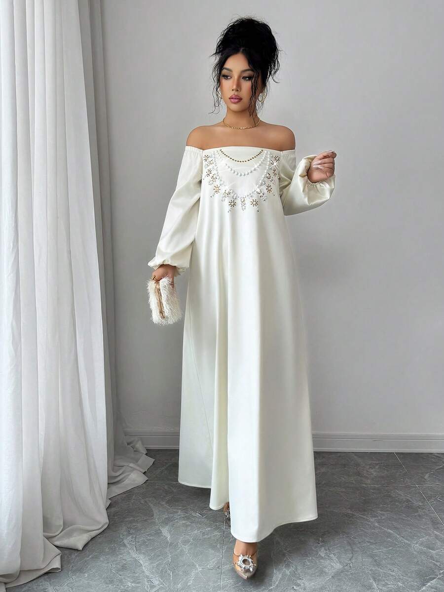 Yasmyna Women's Off-Shoulder Lantern Sleeve Loose Long Elegant Arabian Dress