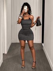 BamGleam Black Polka Dot Lace Spaghetti Strap Mini Dress, Sexy Strapless Tie-Up Bodycon Dress For Women, Summer Vacation Boho Sexy Plain Plaid Striped Casual - Black - View 6