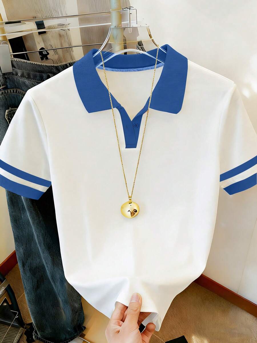 Resyla 女士撞色条纹短袖罗纹 Polo 衫，夏季 - 彩色 - 查看 1