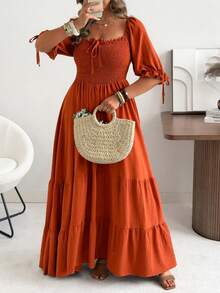 Ceyna Casual Boho Plus Size Long Maxi Dress Burnt Orange Raglan Half Sleeve Layered Tiered Woven Fabric For Women Holiday Picnic Summer - Burnt Orange - View 8