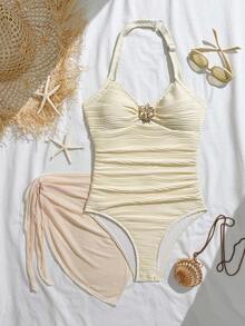 少女露背连体泳衣，带收腹裙，两件套泳装，适合学生海滩度假，温柔 - 白色 - 查看 3