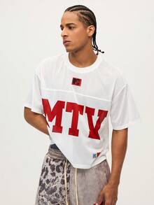 MTV | SHEIN Men's Casual Breathable Letter Print Short Sleeve T-Shirt, Summer - White - View 3