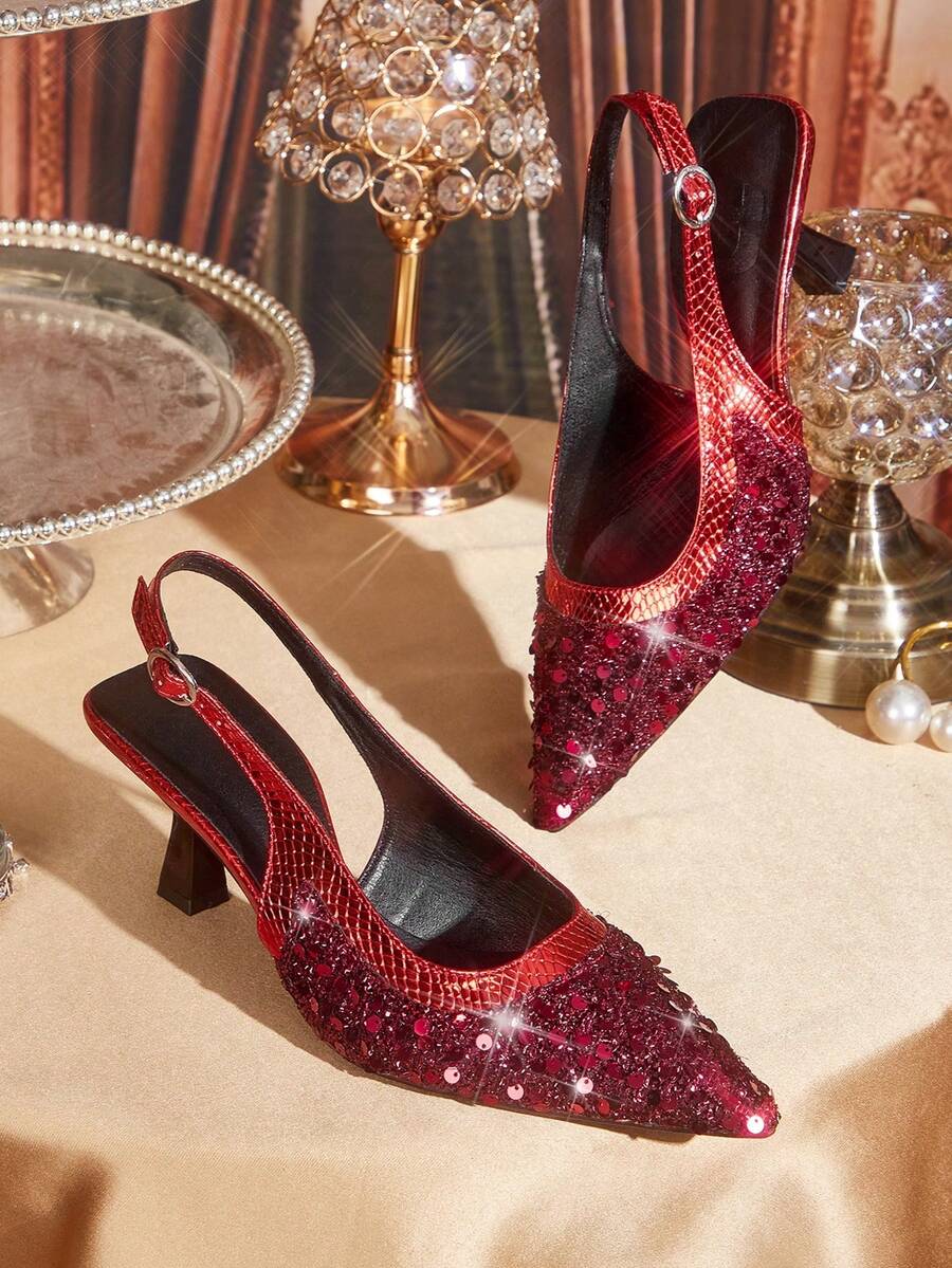 CUCCOO TILAWA 女士尖头高跟鞋,闪亮装饰,可调节绑带设计,四季皆宜 - 优雅舒适的中东风情街头服饰,适合情人节、办公和休闲场合。 - 酒紅色 - 查看 1