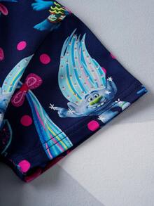 SHEIN Trolls Young Girl Cute Cartoon All-Over Print Short Sleeve Shirt And Pants Pajama Set - Navy Blue - View 8