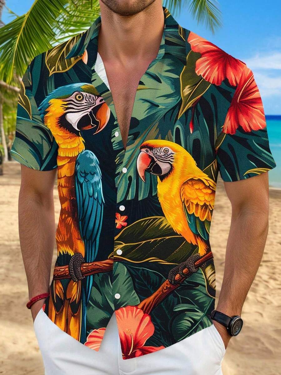 VIVINTIMO Parrot Bird Print Regular Fit Short Sleeve Casual Polo Shirt For Men - Multicolor - View 1