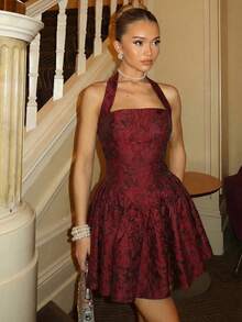 Glamine Charm Đầm, Đầm ngắn Jacquard cho nữ, Đầm hai dây cho nữ, Đầm chữ A cho nữ - Màu Đỏ Sâu - Xem 4