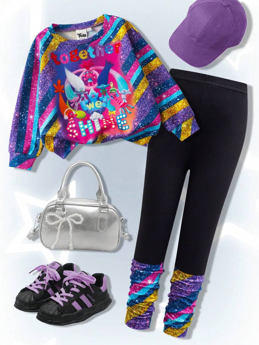 SHEIN Trolls 2pcs/Set Young Girl Cute Cartoon Pattern Round Neck Long Sleeve Sweatshirt And Pants Set - متعدد الألوان - مشاهدة 1