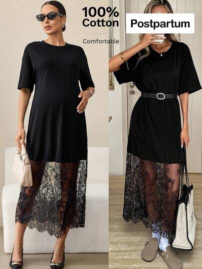 MaterniWear Vestido elegante para mujeres embarazadas con cuello redondo, manga corta y dobladillo de encaje de contraste