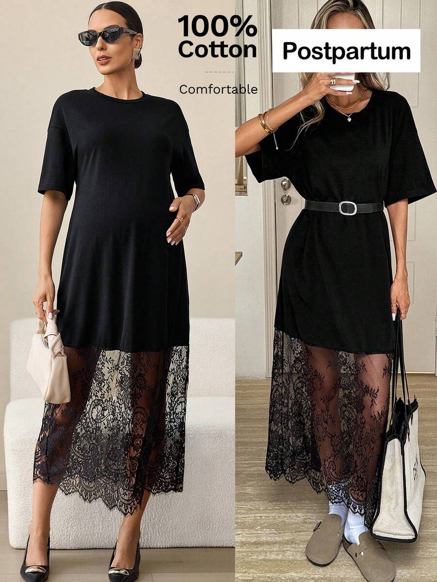 MaterniWear 孕妇圆领短袖撞色蕾丝下摆优雅连衣裙 - 黑色 - 查看 1