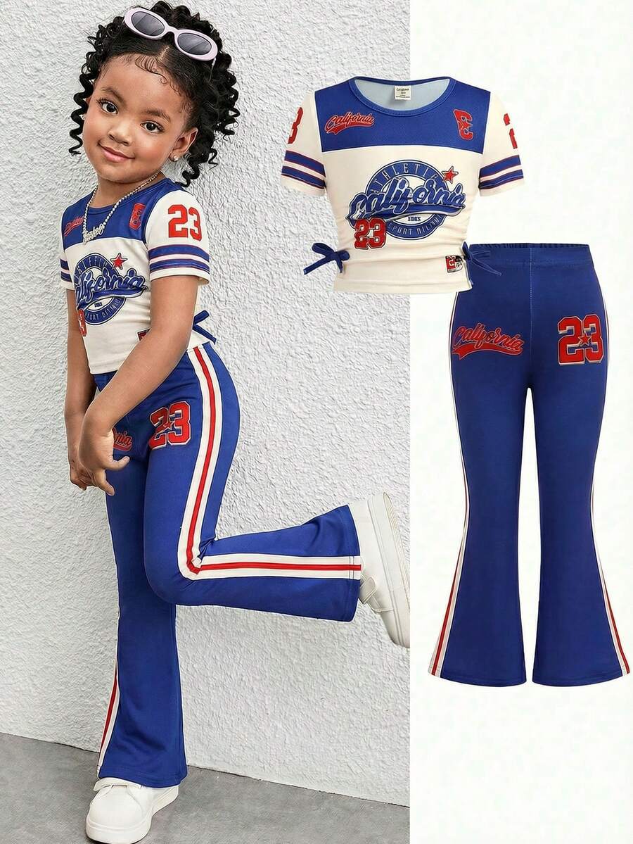 SHEIN 2pcs/Set Young Girl Casual Cute Jersey Letter Print Blue & White Top Tee And Flared Pants Outfit - Blue and White - View 1