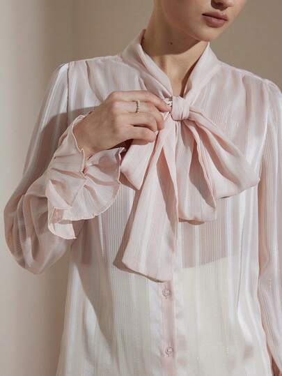 Aveloria Rosie New Vintage French Elegant Bowknot Ribbon Design Delicate Silver Striped Women's Blouse, Versatile For Work And Casual Wear