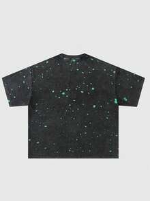 ROMWE MEN Street Life Men's Casual Fashionable Street Splash Ink Print Washed Short Sleeve T-Shirt, Suitable For Daily Commute In Summer - Black - View 1