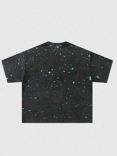 ROMWE MEN Men's Casual Fashionable Street Splash Ink Print Washed Short Sleeve T-Shirt, Suitable For Daily Commute In Summer