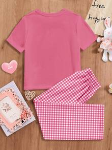 Cute Bear Plaid Pattern, Young Girls Casual Slim Fit Round Neck Short Sleeve Pants Pajamas Set, Suitable For Summer - Multicolor - View 2