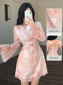 Modelyn Women's Spring/Summer Woven Chiffon Tie Dye Embroidered Long Sleeve Waist Cinched A-Line Elegant Dress - Multicolor - View 1