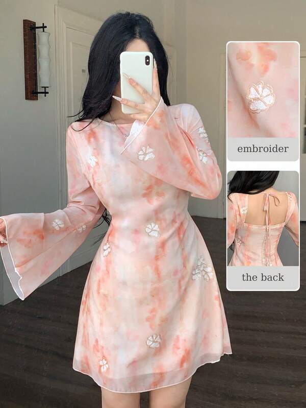 Modelyn 女士春夏梭织雪纺扎染刺绣长袖收腰A字优雅连衣裙