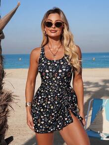 Swim Vcay Women's Adjustable Spaghetti Strap Drawstring Waist Side Slit Printed Swimsuit Dress - Multicolor - View 1