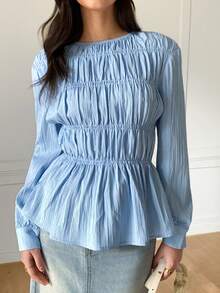 Solavon New Asymmetrical Hem A-Line Waist Flattering Crew Neck Long Sleeve Blouse, Versatile & Slimming - Baby Blue - View 4