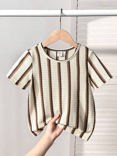 男童华夫格条纹针织提花短袖T恤，适合休闲、度假、运动、夏季穿着