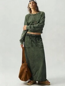 Bohemela 2件套 女士休闲纯色针织圆领长袖宽松卫衣 & 宽松版型半身裙 - 軍綠色 - 查看 5