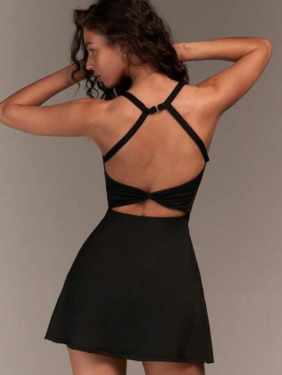 Fluxe Athletic Performance Women's Solid Color Backless Halter Neck Sports Dress, Quick-Dry Built-In Support, For Tennis Golf Running