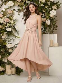 1pc Elegant Sleeveless Woven Solid Color Halter Neck Patchwork Asymmetric Hem Dress, Suitable For Teen Girls, Party & Wedding Guest Dress