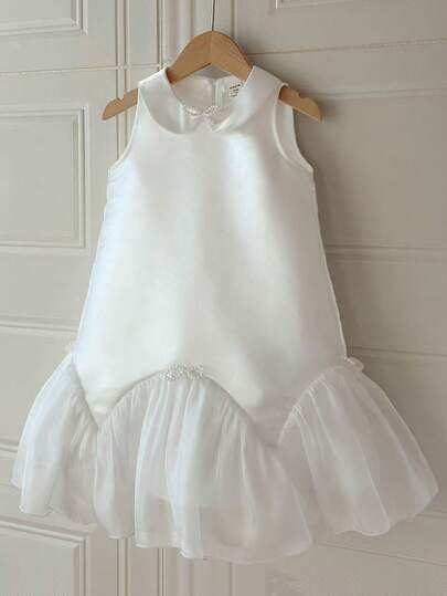PrepCrw 1pc Young Girls' Elegant Urban School Style White Doll Collar Bowknot & White Tulle Decor Sleeveless Dress, Suitable For Outings, Gatherings, Festivals, Spring, Summer, Valentine's Day, Weddings White Dress Christening Dress Girl Dress Communion Dress Layered Mesh Dress White 4t Dress White Toddler Dress White Satin Dress Children White Little Girl Dress