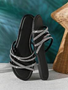 SHUZIA Women's Minimalist Crisscross Straps Slip-On Flat Sandals - Black - View 1