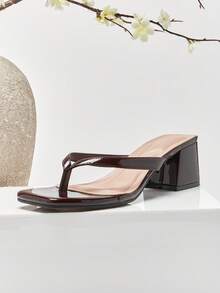 SHUZIA 女士舒适方头粗跟人字拖凉鞋 - 棕色 - 查看 5