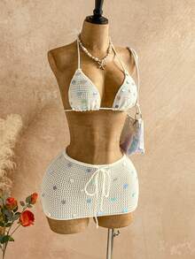 Soleia Women's Vacation Sequin Cropped Halter Knit Top And Knitted Mini Skirt 2 Pieces Set - White - View 4