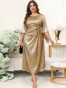 Reflora 大码优雅派对金属拼接连衣裙 - 金色 - 查看 4