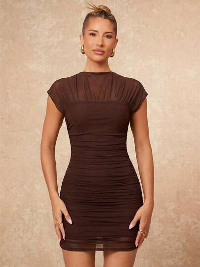 Lumalex Luxury Elegant Sexy Brown Stand Collar Ruched Design Puff Sleeve Fitted Bodycon Mini Dress With Draped High Neck, Soft Puff Sleeves, Ruched Waistline , Elegant Romantic Dress, Formal Evening Gown, Gala Night, Looks Of Party,  New Style Women, Luxury Dress For Party, Fashionable This , Elegant Casual Outfit, Chic Autumn, Weekend Outfit, Glamour Dress,  Work Style, Delicate Romance, Enchanted Romance Gown, Party Dress For Autumn, Draped Dress, ID Al-Adha, Business Casual, Prom Graduation Dress, Suitable For Parties, Dates, Going Out, Night Out, Weddings, Holiday, Vacation, Birthday, Dresses For Women, Valentine's Day Outfits, New Year's Eve Parties, Beach Vacation Dresses, Holiday Fancy Dress Spring/Summer