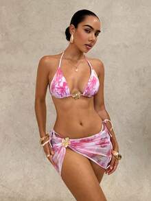 Glamine SHEIN Glamour 女士夏季沙滩印花露背系带性感比基尼套装，含罩衫和裙子 - 粉色 - 查看 1