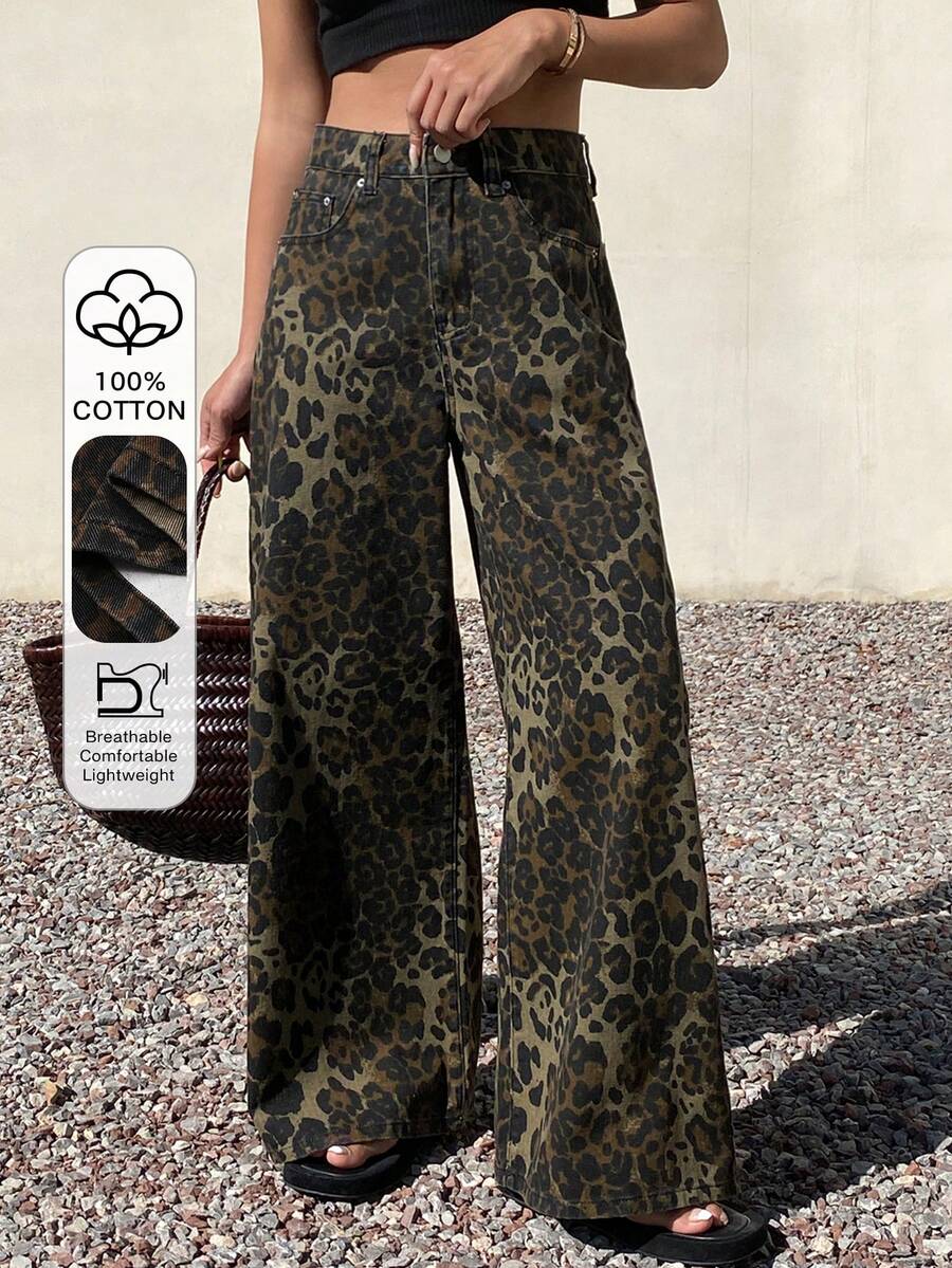 Livesso Jeans amples à taille haute imprimé léopard pour femmes, style décontracté - Tabac - Voir 1