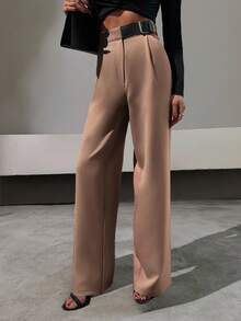 SHEIN Tall Elegant Style, Half Faux Leather Belt Detailed Straight Fit Pant - Camel - View 5