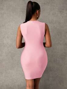 MaterniChic Maternity Solid Color Pleated Collar Fitted Sleeveless Dress - Baby Pink - View 2