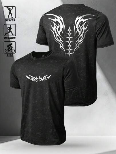 Manfinity Sport Polished Men's Gothic Pattern Round Neck Casual Versatile Daily Outdoor Fitness Sports Short Sleeve T-Shirt