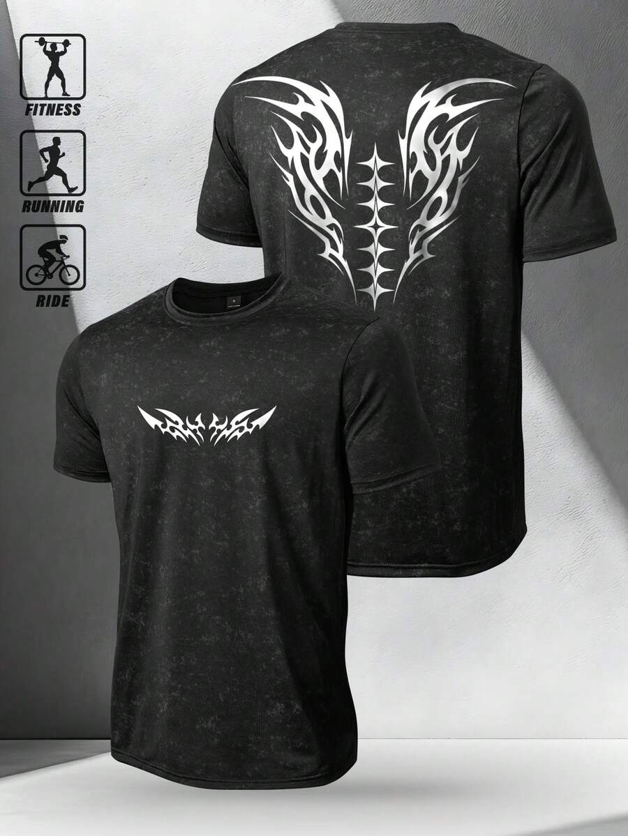 Acti Log Áo thun nam tay ngắn cổ tròn họa tiết Gothic, kiểu dáng thường ngày, đa năng, thích hợp cho hoạt động ngoài trời, thể thao, tập luyện. - màu đen - Xem 1