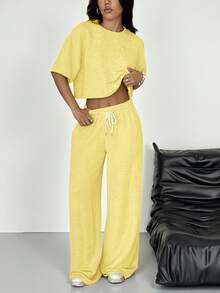 SHEIN EZwear 女士纯色圆领中袖上衣搭配抽绳腰带口袋阔腿裤休闲日常套装 - 鵝黃色 - 查看 3