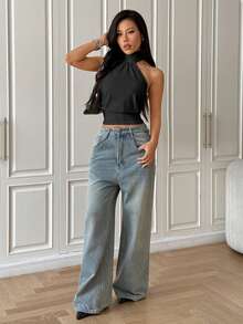 SHEIN EZwear 女士基础款纯色舒适背心 - 黑色 - 查看 4
