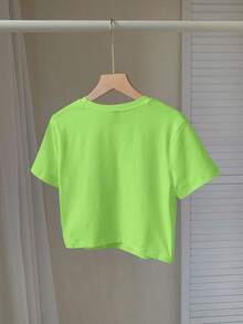 SHEIN EZwear Casual Round Neck Short Sleeve Fitted Women T-Shirt, Green Floral Print Pattern, Suitable For Summer Neon Green Top Cropped Tees - Green - View 2