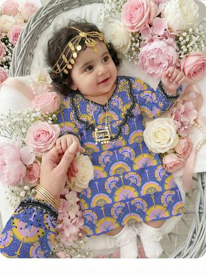 淡紫色、柔和的芋紫色、传统优雅高贵的金色花卉印花，女婴休闲简约传统阿拉伯连衣裙，适合春夏日常穿着、节日庆典、外出游玩，优雅高贵的长袖阿拉伯长裙，祈祷长袍，舒适易穿，休闲装，度假风，端庄的卡夫坦长袍，女婴长袍