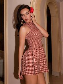 Bris Aura 蓝色格纹无袖修身系带迷你连衣裙，甜美法式夏日度假风 - 彩色 - 查看 6