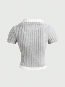 SHEIN Girlism Teen Girl Colorblock 2 In 1 Design Fitted Short Sleeve T-Shirt, Summer Knit Top, Short Sleeve Top, Ribbed Knit Top - Light Grey - View 2
