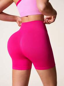 SHEIN Sovereign Charm Shorts deportivos y de yoga sin costuras y acanalados para mujer - Rosa Fucsia - Ver 3