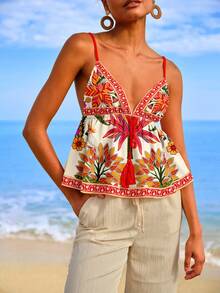 Travachic Women's Casual Vacation Plant Print Front Tie Camisole, Bohemian - Multicolor - View 4